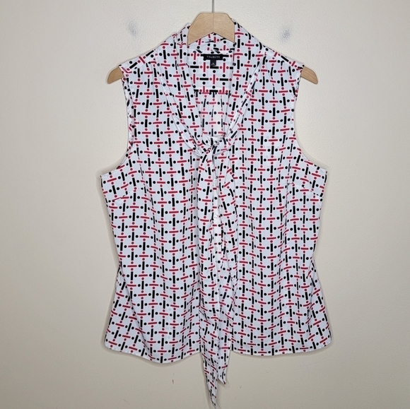 Talbots | White Red Black Print Tie Neck Secretary Tank Blouse Size 16 - Picture 1 of 4